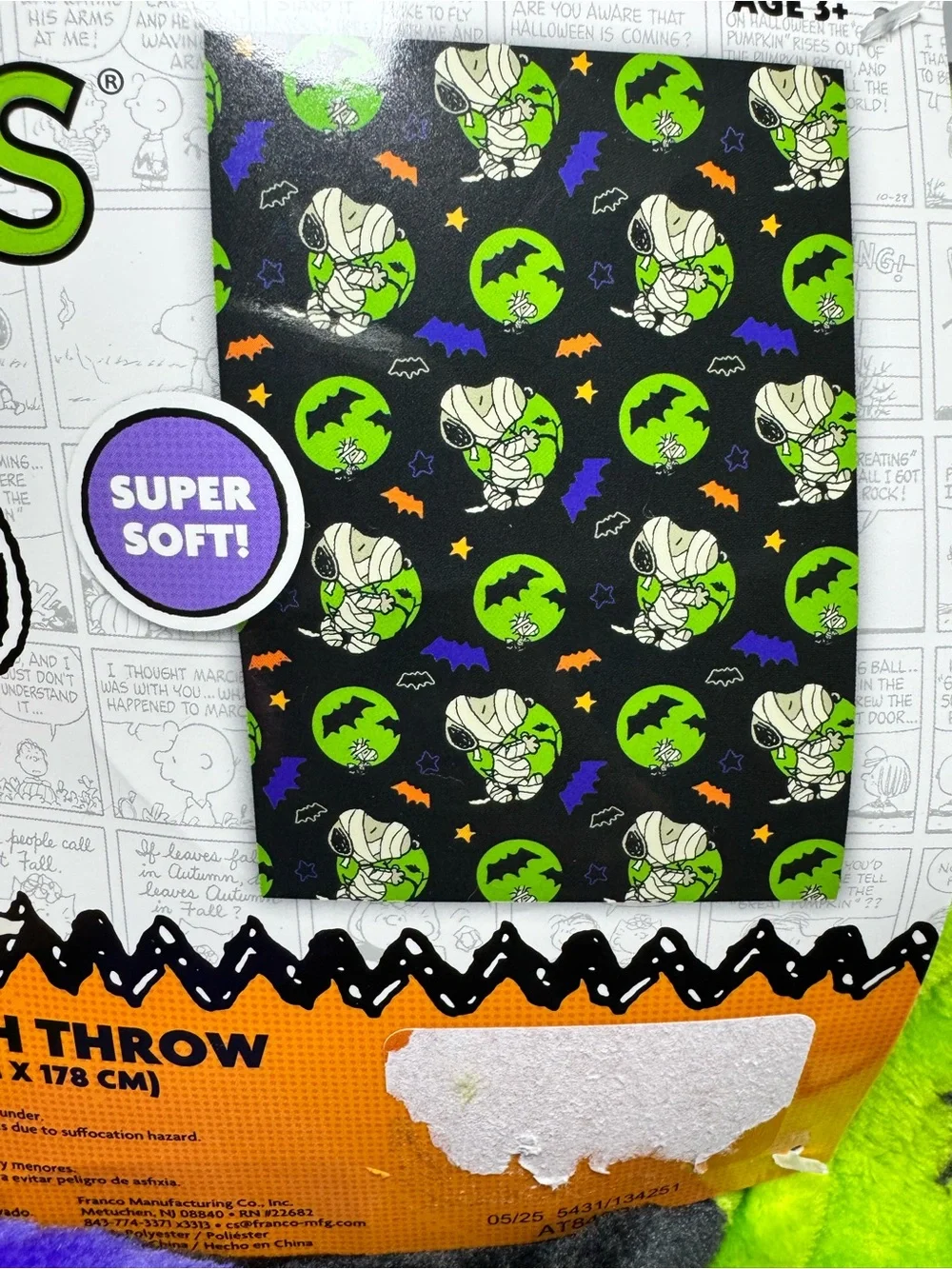 Peanuts Plush Throw Blanket in Black, Green & Purple - Mummy Snoopy Design